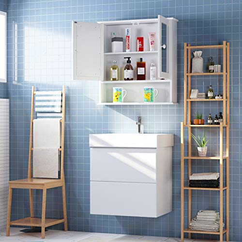 Homfa Armario de Baño con Espejo Armario de Pared Armario de Cocina o Medicina Blanco 2 Puertas y 3 Estanterías MDF 56x13x55cm