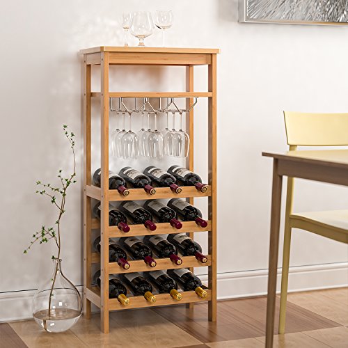 Homfa Botellero para 16 Botellas de Vino Botellero de Bambú con Portavaso de 4 Niveles 47x29x100cm