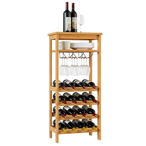 Homfa Botellero para 16 Botellas de Vino Botellero de Bambú con Portavaso de 4 Niveles 47x29x100cm