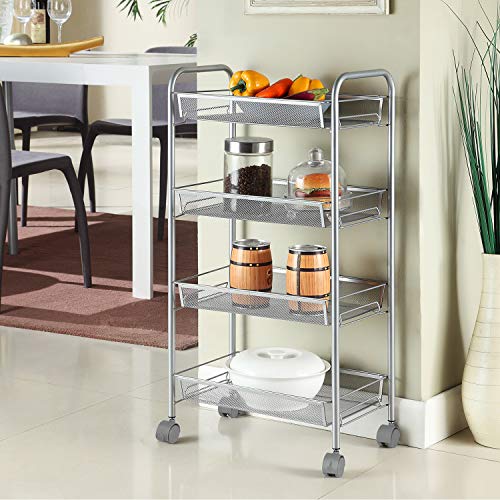 HOMFA Carrito Auxiliar con Ruedas y 4 Bandejas de Malla Metálica para Cocina Baño salón Plata 45x27x85cm