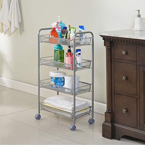 HOMFA Carrito Auxiliar con Ruedas y 4 Bandejas de Malla Metálica para Cocina Baño salón Plata 45x27x85cm