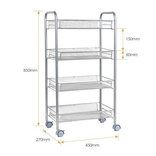 HOMFA Carrito Auxiliar con Ruedas y 4 Bandejas de Malla Metálica para Cocina Baño salón Plata 45x27x85cm