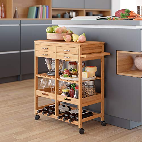 Homfa Carro Cocina Auxiliar Carrito de Servicio Bambú Estantería Almacenaje Frutas Verduras para Cocina Salón con 4 Ruedas 4 Cajones 2 Bandejas 66x36x81cm