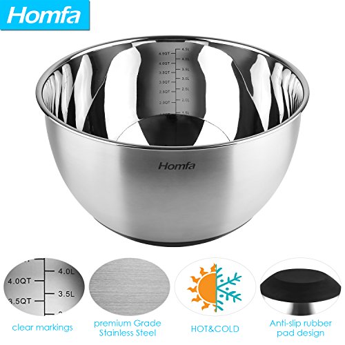 HOMFA Cuencos para Mezclado de Acero Inoxidable Set de 4 Boles de Cocina con Tapa 1L, 2L, 3L, 4,5L Tazon Mezclador Cuencos con Rallador