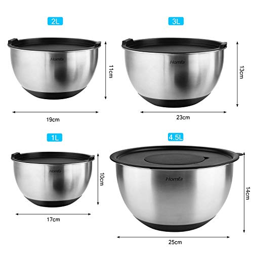 HOMFA Cuencos para Mezclado de Acero Inoxidable Set de 4 Boles de Cocina con Tapa 1L, 2L, 3L, 4,5L Tazon Mezclador Cuencos con Rallador