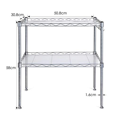 HOMFA Estantería de Cocina Soporte para Horno Estante de Almacenamiento para Microondas Acero Carbono 2 Estantes con Ganchos 54 x 34 x 58cm Plata