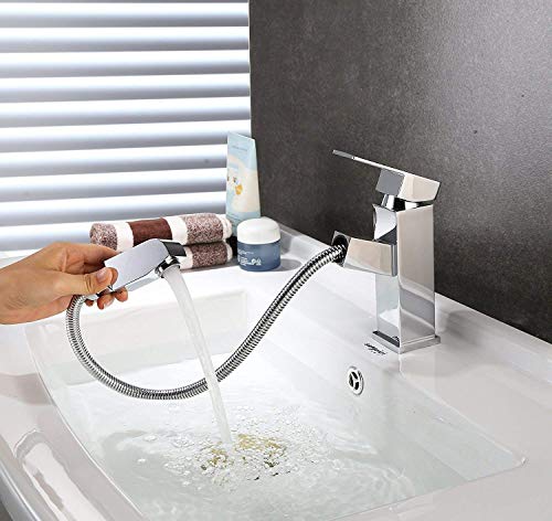 HOMFA Grifo Extraible de Lavabo con Cabezal de Ducha Grifo con Burbujeador de ABS Agua Caliente y Fría de para Cocina Baño Mezclador de Lavabo Cromado Puerto Estándar de 3/8 Pulgadas 15.6x17.5x4.1cm