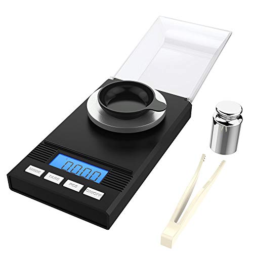 homgeek Báscula Precision 0.001g × 50g, Peso Miligramos Bascula, Digital Báscula de Alta Precisión, Escala de bolsillo, con pesas de calibración, pinzas y bandejas de pesaje, 2 × AAA Bateries