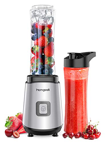 homgeek Batidora de Vaso, Licuadora portátil 400W, con 2 Botellas Deportivas Tritan 600ML, sin BPA, para Frutas, Verduras y Batidos, 400W, Plateado