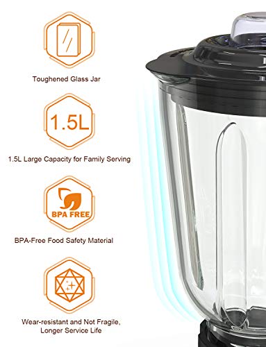 homgeek Batidora de Vaso, Licuadora Profesional 700W, Batidora Smoothies con Jarra de Vidrio de 1.5 L para Frutas y Vegetales, 2 Velocidades Ajustables y 6 Cuchillas Afiladas, 27,000 U/min, sin BPA