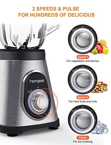 homgeek Batidora de Vaso, Licuadora Profesional 700W, Batidora Smoothies con Jarra de Vidrio de 1.5 L para Frutas y Vegetales, 2 Velocidades Ajustables y 6 Cuchillas Afiladas, 27,000 U/min, sin BPA