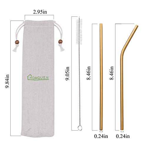 HOMQUEN Pajitas de Acero Inoxidable Doradas de 18 Piezas, pajitas Reutilizables de 8.5 '', con Estuche portátil, Adecuado para Vino y Bebidas frías (8 cepillos Rectos / 8 doblados / 2)