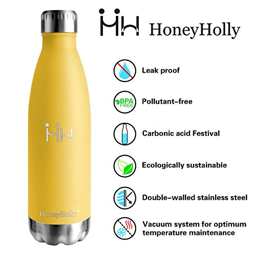 HoneyHolly Botella de Agua Acero Inoxidable 350/500/650/750ml, Aislamiento de Vacío de Doble Pared, Botellas de Frío/Caliente, sin bpa Botella Reutilizable para niños Sport Gimnasio Trekking Bicicleta