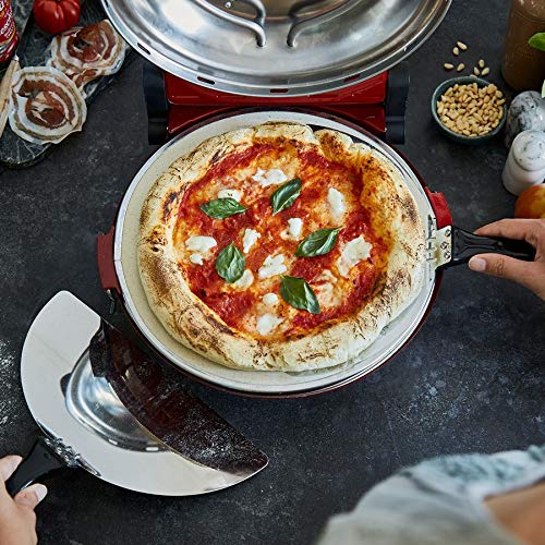Horno para Pizzas Peppo, Máquina para preparar pizzas como al horno de piedra a 350 °C, temporizador e indicador luminoso, incluye 2 volteadores grandes de pizza - rojo