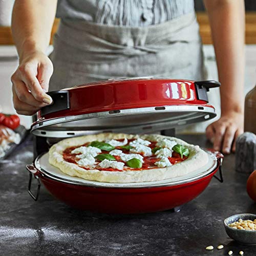 Horno para Pizzas Peppo, Máquina para preparar pizzas como al horno de piedra a 350 °C, temporizador e indicador luminoso, incluye 2 volteadores grandes de pizza - rojo