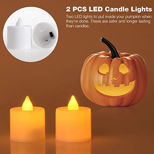 HOTSAN Kit de Herramientas de Talla de Calabaza de Halloween 5 Herramientas de Calabaza 10 Plantillas de Talla 2 Velas LED, Jack-O-Lantern para Decoraciones de Halloween Familiares para niños