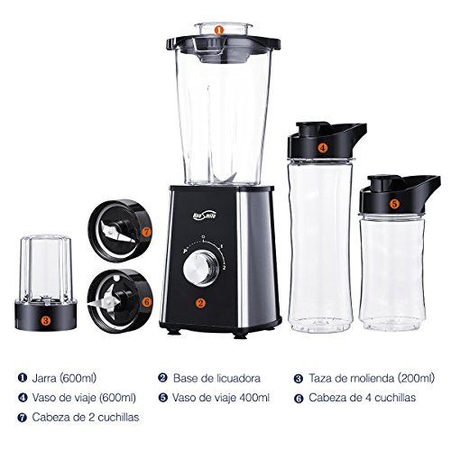 Housmile Batidora de Vaso Individual con Vasos de Viaje y Deporte para Zumos, Fruta y Verdura, 300W, Color-Negro