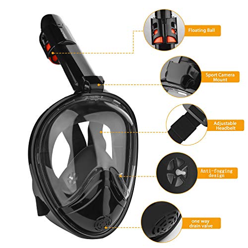 HOVNEE Máscara de Buceo,Máscara Snorkel Máscara para Buceo 180 ° tecnología panoránica, la Máscara de Snorkel de cámara Instalable para los Adultos,Adecuado para Interiores y Exteriores (Negro, S/M)