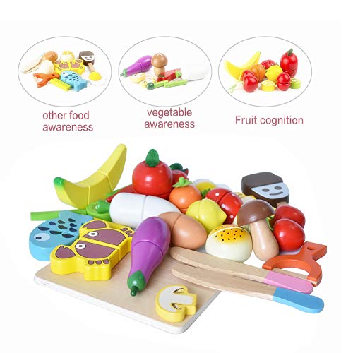 HOWADE Juego de Alimentos Play 30 Piezas, Alimentos de Corte de Madera Juego de Muebles y Frutas magnéticos de Cocina Juguete Educativo para niños en Edad Preescolar niños pequeños niños niñas