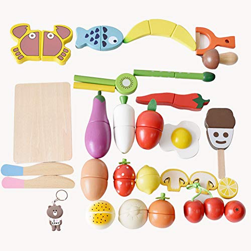 HOWADE Juego de Alimentos Play 30 Piezas, Alimentos de Corte de Madera Juego de Muebles y Frutas magnéticos de Cocina Juguete Educativo para niños en Edad Preescolar niños pequeños niños niñas