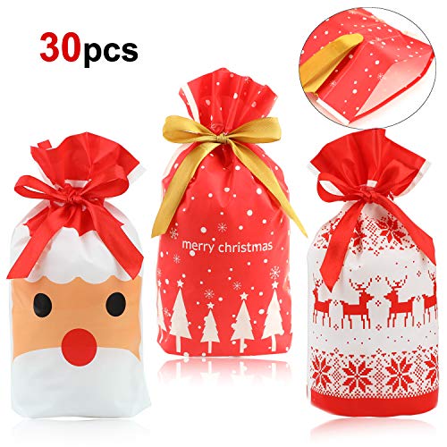 HOWAF 30pcs Bolsas de Regalo Navidad Bolsas Plástico con Cordón Bolsa Bolsas cumpleaños Infantil para Navidad Fiestas Cumpleaños Boda Caramelos Dulces Galletas Chocolates