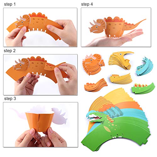 HOWAF Dinosaurio Cupcake Topper de Tarta Magdalenas Decoración y Doble Cara Cupcake Wrappers para Niños Infantiles Fiestas de Cumpleaños Decoración Suministros (48Pack)