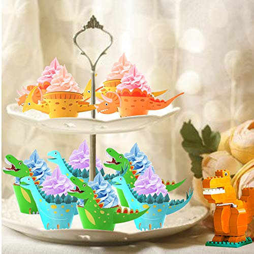 HOWAF Dinosaurio Cupcake Topper de Tarta Magdalenas Decoración y Doble Cara Cupcake Wrappers para Niños Infantiles Fiestas de Cumpleaños Decoración Suministros (48Pack)