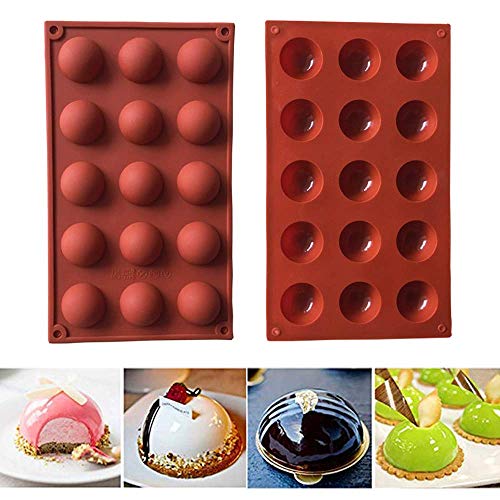 HPiano 2 Piezas Molde de Silicona, 15 cavidades con Forma Semi esférica, Color Terracota Herramienta para Hornear para Sus postres de Chocolate, Bombas de Helado, Mini Tarta de té