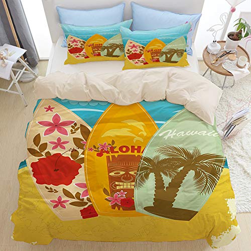 HUAYEXI Bedding Juego Funda Edredón,Tiki Bar Hawaiian Beach Tablas Surf en la Arena Exóticas Vacaciones Verano Deporte Estilo Vintage,Microfibra Funda Nórdico Fundas Almohada (Cama 150x200cm)