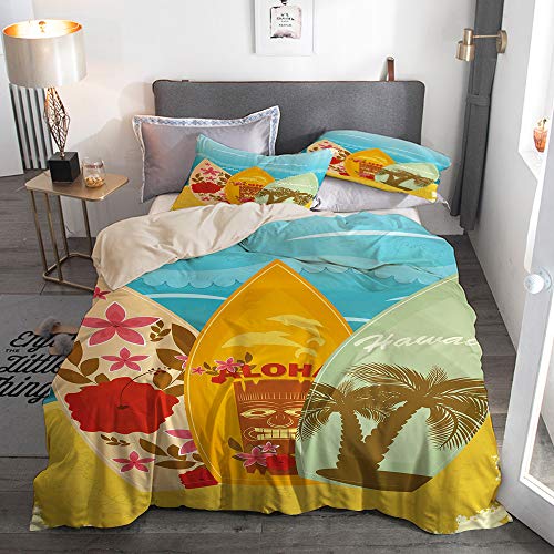 HUAYEXI Bedding Juego Funda Edredón,Tiki Bar Hawaiian Beach Tablas Surf en la Arena Exóticas Vacaciones Verano Deporte Estilo Vintage,Microfibra Funda Nórdico Fundas Almohada (Cama 150x200cm)