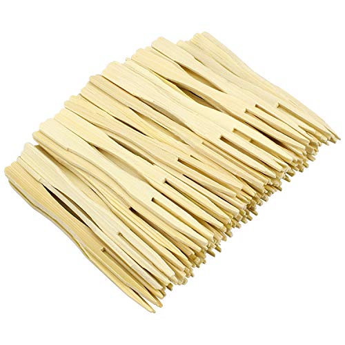 Hysagtek - Tenedores desechables de bambú para fiestas, 2 puntas, horquillas para cóctel, para el hogar y la fiesta, 8,8 cm