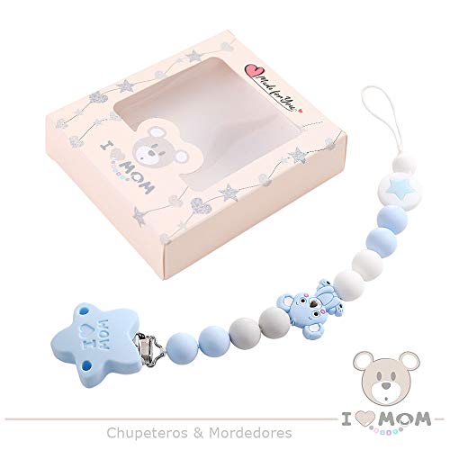 I LOVE MOM - Chupetero para Bebé, Cadena de Chupete Silicona Alimentaria, Mordedor para Niños con Bola Antibacteriana, Chupetero Koala (Azul)