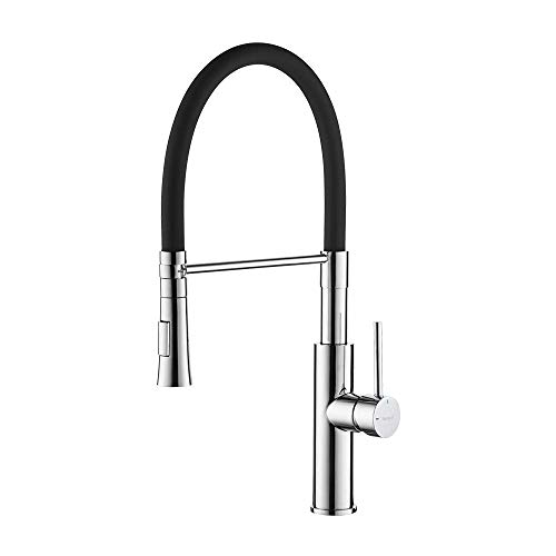 Ibergrif M22115-2 Grifo de Cocina Profesional con Ducha de Mano y Caño Flexible, Griferia para Fregadero Monomando Extensible, Negro/Plata