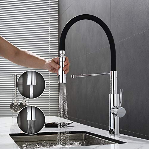 Ibergrif M22115-2 Grifo de Cocina Profesional con Ducha de Mano y Caño Flexible, Griferia para Fregadero Monomando Extensible, Negro/Plata