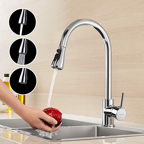 Ibergrif M22136 Grifo de Cocina con Teleducha Extraíble, Mezclador de Fregadero, Ahorro de Agua, Cromo, Plata