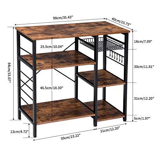 IBUYKE Estantería de Cocina 90 x 40 x 84 cm, Estilo Industrial, con Marco de Metal, Cesta de Alambre y 6 Ganchos, para Mini Horno, Especias y Utensilios TMJ021H