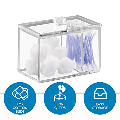 iDesign Caja de almacenaje con tapa, resistente dispensador de algodón y bastoncillos en plástico, bote algodonero para baño con dos compartimentos, transparente