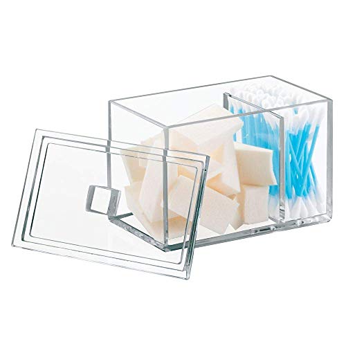 iDesign Caja de almacenaje con tapa, resistente dispensador de algodón y bastoncillos en plástico, bote algodonero para baño con dos compartimentos, transparente