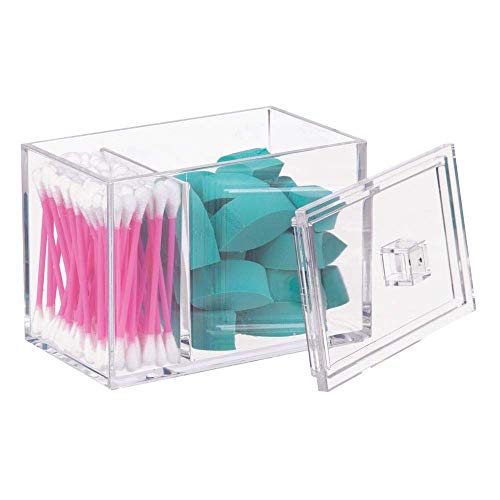iDesign Caja de almacenaje con tapa, resistente dispensador de algodón y bastoncillos en plástico, bote algodonero para baño con dos compartimentos, transparente