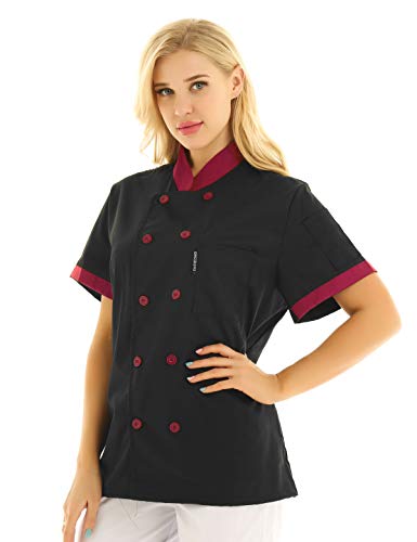 IEFIEL Camisa de Cocinero Camiseta Manga Corta Unisexo para Hombre Mujer Chef Escudo Uniforme de Trabajo Cocina Hotel Restaurante Negro Large