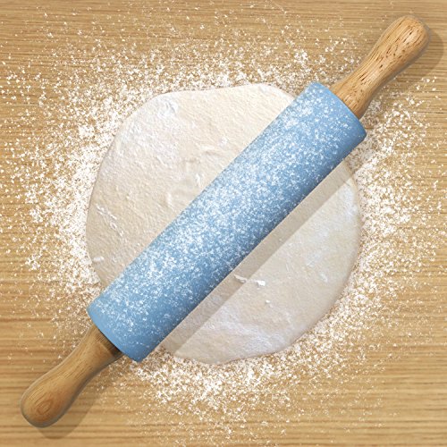 igadgitz Home U6757 Rodillo Amasador Silicona Antiadherente con Asas de Madera para Pasta, Pastelería, Fondant, Tarta Corteza, Pizza, Pasteles de Masa, etc. - Azul