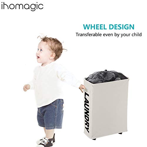 Ihomagic - cesta de lavandería plegable con ruedas, tela, beige, delgado