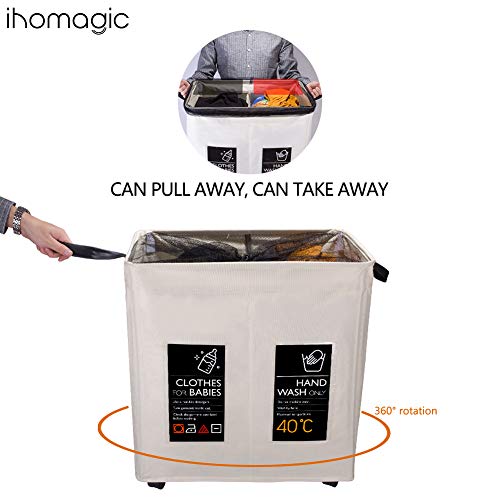 IHOMAGIC Cesto para la Colada 2 Compartimiento con 6 ficha y 4 Rueda, Plegable Cesta de lavandería Colector de Ropa para el hogar para Cocina Dormitorio Hotel Viaje 105L lasificador de Lavadero