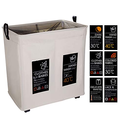 IHOMAGIC Cesto para la Colada 2 Compartimiento con 6 ficha y 4 Rueda, Plegable Cesta de lavandería Colector de Ropa para el hogar para Cocina Dormitorio Hotel Viaje 105L lasificador de Lavadero