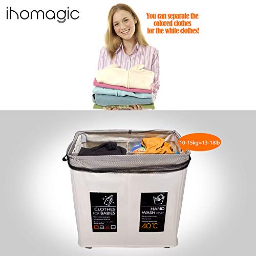 IHOMAGIC Cesto para la Colada 2 Compartimiento con 6 ficha y 4 Rueda, Plegable Cesta de lavandería Colector de Ropa para el hogar para Cocina Dormitorio Hotel Viaje 105L lasificador de Lavadero