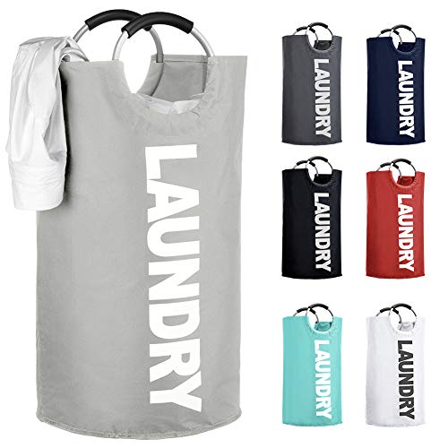 IHOMAGIC Cesto para Ropa Sucia Plegable con Asas de Aleación Bolsa Colada para Baño Organizador Lavandería Oxford 600D PVC Resistente Portátil de Viaje para Cocina Dormitorio Hotel 100L Gris Claro