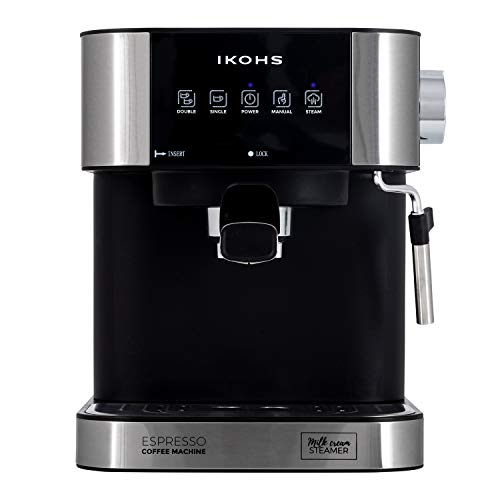 IKOHS Cafetera Expresso Automática TAZZIA - Cafetera Espress para Espresso y Cappuccino, 20 Bares, 1100 W, 1,5 litros, Vaporizador Orientable, Doble Salida, Regulador de Presión (Gris - TAZZIA Aroma)