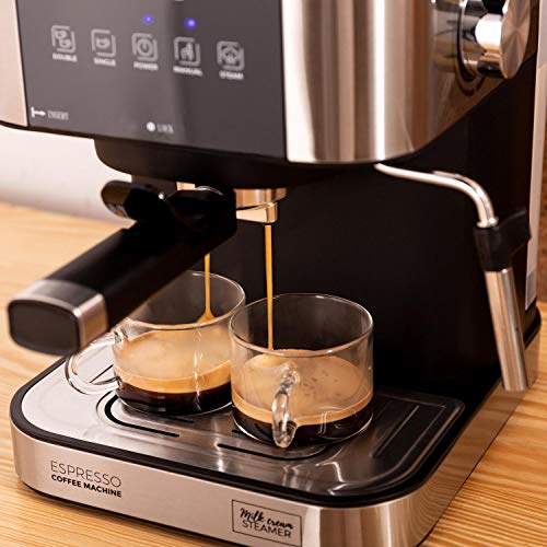 IKOHS Cafetera Expresso Automática TAZZIA - Cafetera Espress para Espresso y Cappuccino, 20 Bares, 1100 W, 1,5 litros, Vaporizador Orientable, Doble Salida, Regulador de Presión (Gris - TAZZIA Aroma)