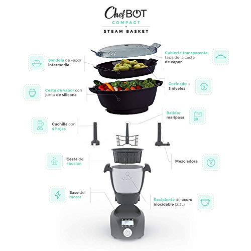 IKOHS CHEFBOT Compact - Robot de Cocina Multifunción, Compacto, Cocina al Vapor, 23 Funciones, 10 Velocidades con Turbo, Bol de Acero Inoxidable 2,3 L, Libre BPA (con Recetario - Blanco)