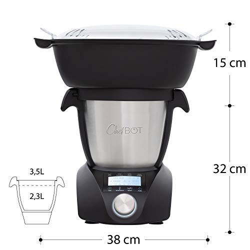 IKOHS CHEFBOT Compact STEAMPRO - Robot de Cocina Multifunción, Cocina al Vapor, 23 Funciones, 10 Velocidades con Turbo, Bol Acero Inoxidable 2,3 L, Libre BPA (con Vaporera y Recetario - Negro)